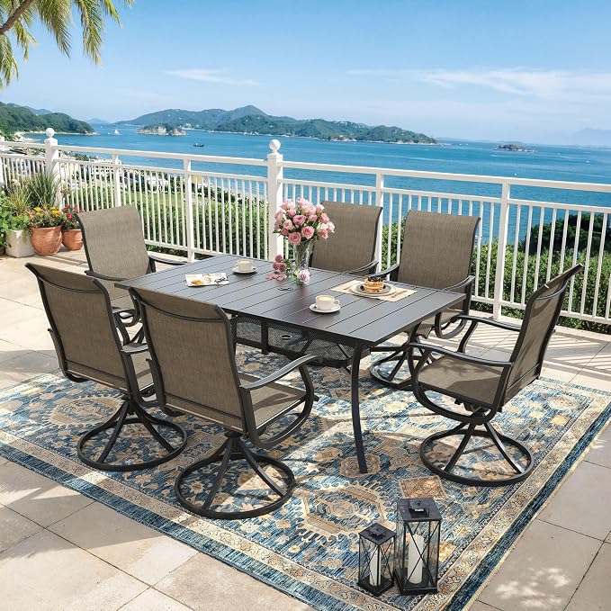 Outdoor Dining Set for 6, 59.2" Metal Outdoor Dining Table with Umbrella Hole and Sling Patio Swivel Chairs, 7 Pieces Patio Table and Chairs Set for Garden Backyard, Mixed Brown and Black