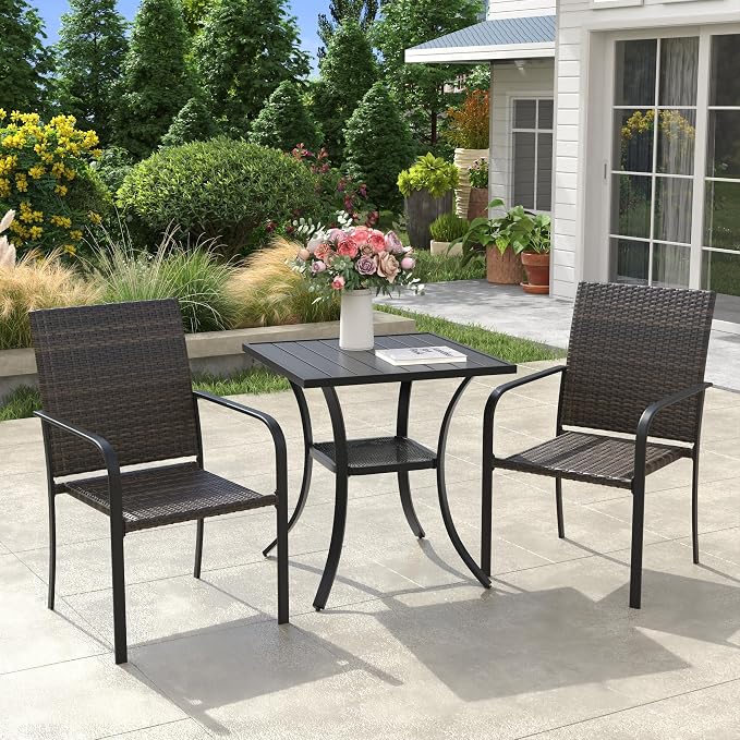 VICLLAX 3 Pieces Small Patio Dining Set, 2 Outdoor Wicker Dining Chairs and Small Patio Dining Table with Storage Shelf for Backyard Lawn Deck, Black Tabletop