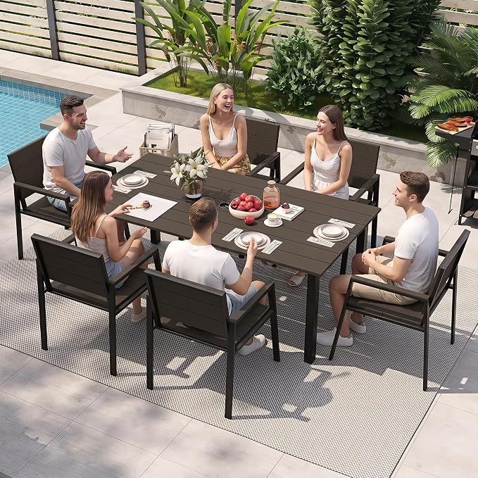 Outdoor Table and Chairs for 6 Aluminum Patio Dining Set with Umbrella Hole | All Weather,HDPS Material,Oversized,7 Piece,for Backyard,Rot-Fade-Crack Proof,Maintenance-Free,Sturdy,Heavy-Duty,Yellow
