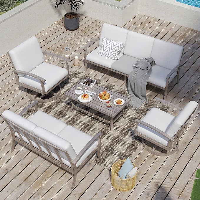 HAPPATIO 5 Piece Aluminum Patio Furniture Set, 7-Person Outdoor Swivel Chairs, Loveseat and 3-Seat Sofa, All-Weather Outdoor Sectional Sofa with Comfortable Cushions and Coffee Table(Gray)