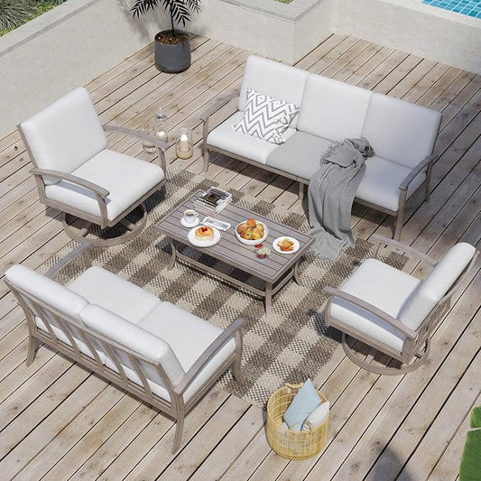 HAPPATIO 5 Piece Aluminum Patio Furniture Set, 7-Person Outdoor Swivel Chairs, Loveseat and 3-Seat Sofa, All-Weather Outdoor Sectional Sofa with Comfortable Cushions and Coffee Table(Gray)