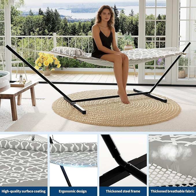 2-Person Hammock Suite with Stand,450lbs Capacity, 2 Person Cotton Rope Portable Hammock with Polyester Quilted Pad and Pillow,for Garden Yard,Camping and Patio.Grey Pattern。