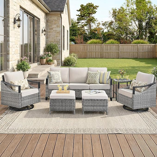 6 Piece Outdoor Patio Furniture Sets-High Back Wicker Swivel Rocker Patio Chairs Set of 2 with Thick Cushions Ottomans, Outdoor Sofa, Patio Conversation Sets for Porch Balcony Patio Deck Grey/Beige