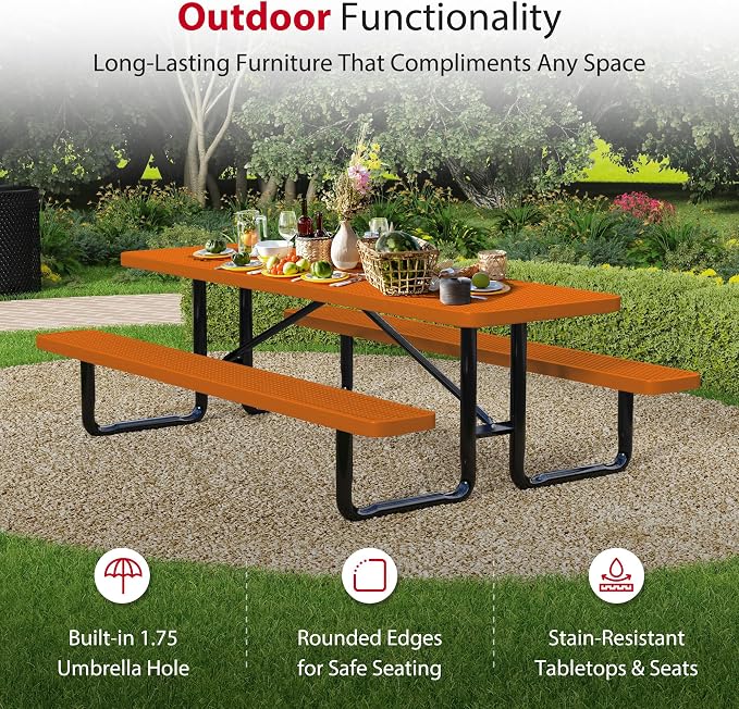 Leisure Craft Metal Picnic Table with Bench - 8 ft Rectangle Outdoor Dining Table for 8, Umbrella Hole, Weatherproof Heavy Duty Thermoplastic Coating, Commercial Grade Furniture Made in USA - Orange