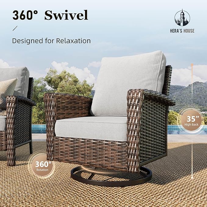 HERA'S HOUSE Patio Furniture Set with High Back Swivel Chairs, Comfy Outdoor Wicker Conversation Sofa Sets with 5.5" Thick Cushions for Deck Lawn Backyard, Gray