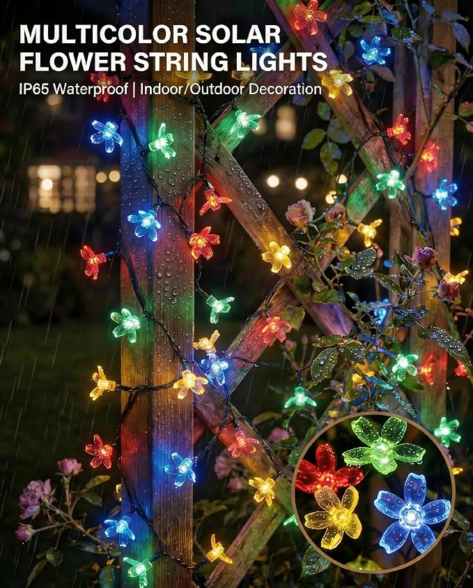 ITICdecor 2 Pack 50 LED Solar String Lights Outdoor Waterproof Flower Solar Lights for Garden Yard Fence Patio Christmas Tree Wedding Party Decor(Multicolor)