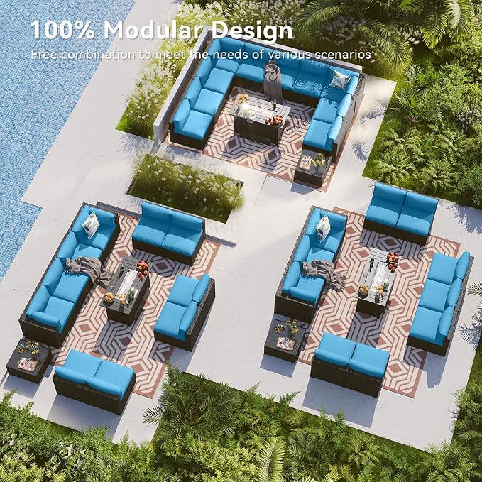 LazySunsets 12 Piece Outdoor Patio Furniture Set with 44'' Fire Pit Table, Outdoor Patio Furniture Sets with 4'' Thicken Cushion, Wicker Outdoor Conversation Set for Backyard & Garden, Peacock Blue