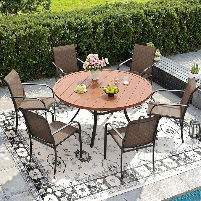DIFY Outdoor Dining Set for 6, Patio Dining Furniture Set Includes 47.2" Walnut Round Table with Adjustable Umbrella Hole and 6 Brown Stackable Metal Chairs for Poolside, Garden, Backyard