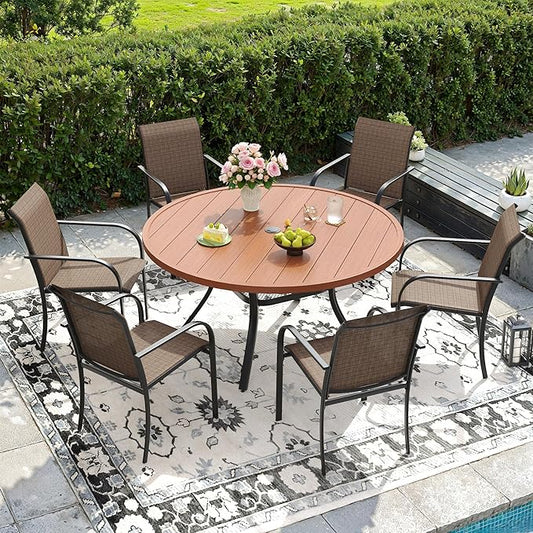 DIFY Outdoor Dining Set for 6, Patio Dining Furniture Set Includes 47.2" Walnut Round Table with Adjustable Umbrella Hole and 6 Brown Stackable Metal Chairs for Poolside, Garden, Backyard