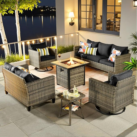 ovios 6 Pieces Patio Furniture Set with Square Fire Pit Table, Swivel Rocking Chairs, Loveseat, Outdoor High Back Wicker Rattan Conversation Set for Deck Porch, Black