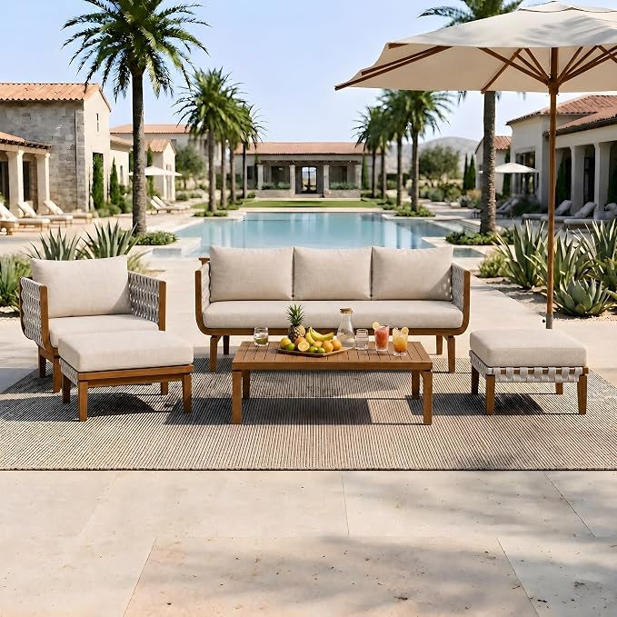 Christopher Knight Home Gwen 5 Piece Acacia Wood Patio Conversation Set with Sofa, Coffee Table, Ottomans and Club Chair, Patio Sofa Set with Cushions, Outdoor Patio Furniture Set, Teak+Beige