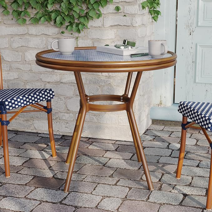 Flash Furniture Lourdes Indoor/Outdoor Commercial Bistro Table - Tempered Glass Top - PE Rattan - Natural Bamboo Print Aluminum Frame - 31.5" - Navy/White