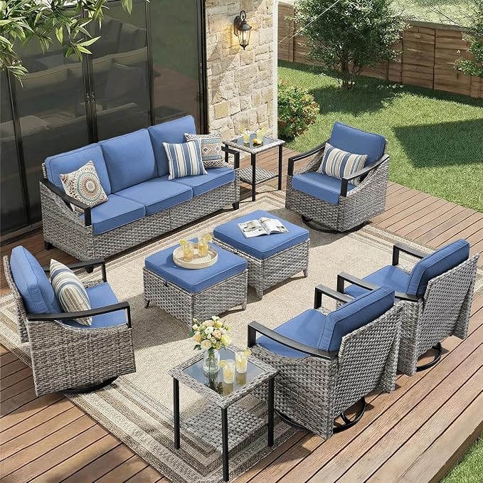 9 Piece Outdoor Patio Furniture Sets-High Back Wicker Swivel Rocker Patio Chairs Set of 4 with Thick Cushions Ottomans, Outdoor Sofa, Patio Conversation Sets for Porch Balcony Patio Deck Grey/Blue