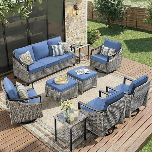 9 Piece Outdoor Patio Furniture Sets-High Back Wicker Swivel Rocker Patio Chairs Set of 4 with Thick Cushions Ottomans, Outdoor Sofa, Patio Conversation Sets for Porch Balcony Patio Deck Grey/Blue