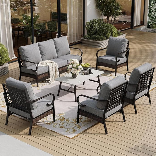 SUNSHINE VALLEY 6 Piece Metal Outdoor Patio Furniture Sets, Patio Conversation Sets 1 3-Seater Sofa, 4 Single Sofa with 5.75" Extra Thick Cushion & Coffee Table, Black Frame Backyard Furniture, Gray