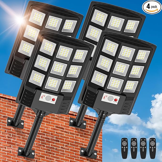Solar Lights Outdoor, 6500K Motion Sensor Security Lights, 4-Pack | IP66 waterproof with dusk to dawn lighting, motion sensor and remote control for yards, parking lots, courtyards and garages