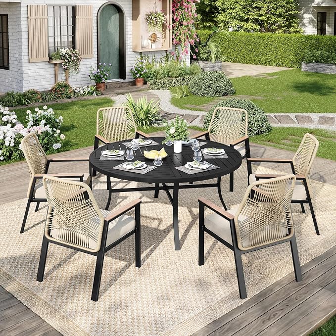 MIXPATIO Outdoor Patio Round Dining Table for 6, 54"x 54" Metal Round Table with Adjustable Umbrella Hole, All Weather Wrought Iron Black Outdoor Table for Deck Lawn Garden Backyard, Black