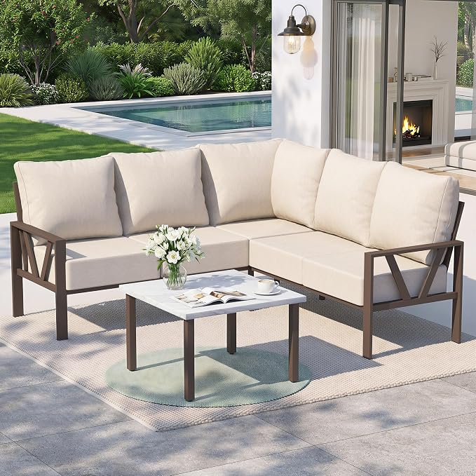 Outdoor Furniture Set, 6 Pieces Outdoor Patio Couch Sectional, L Shaped Metal Outdoor Patio Corner Sofa with 6” Thick Cushions, Outdoor Seating Conversation Set, Upgrade Beige