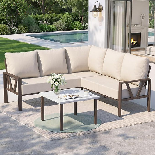 Outdoor Furniture Set, 6 Pieces Outdoor Patio Couch Sectional, L Shaped Metal Outdoor Patio Corner Sofa with 6” Thick Cushions, Outdoor Seating Conversation Set, Upgrade Beige