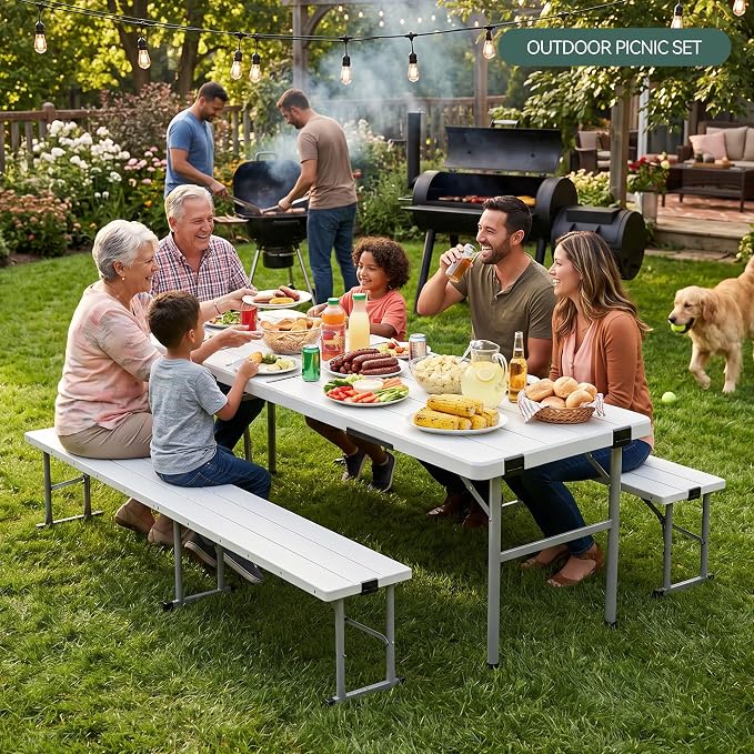 6FT All-in-One Folding Table and Chair Set, Seats 6-8, Chairs Store Inside to Form Carrying Case, Heavy Duty HDPE & Steel, Portable Space-Saving for Outdoor, Party, Camping, Picnic, White
