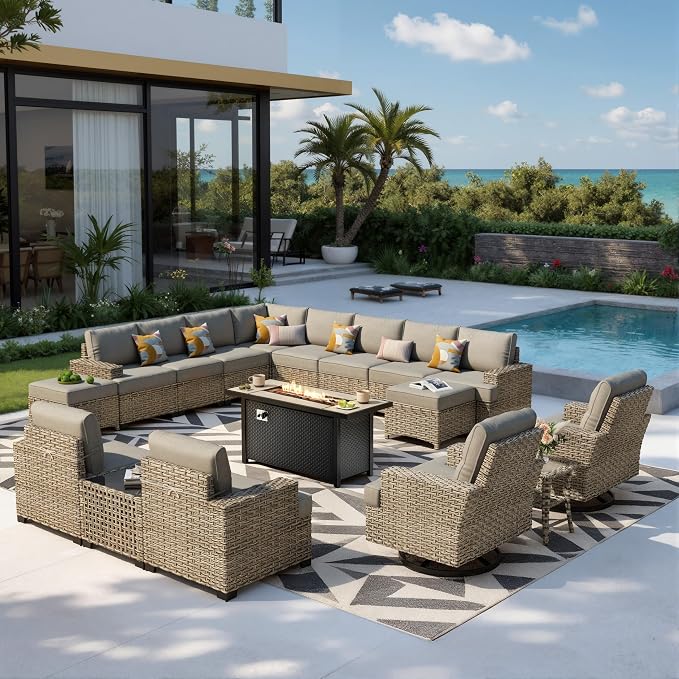 HOOOWOOO Sectional Patio Furniture Set with Fire Pit Table,17 Pieces Wicker Outdoor Furniture L Shaped Couch,Outside Conversation Set Extra Deep Sofa Wide Arm Swivel Chairs Ottoman Light,Dark Gray