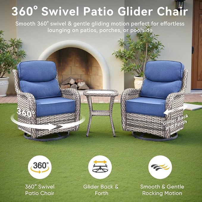 Luxury High Back Outdoor Swivel Rocker Patio Chairs with Side Table & 6-Inch Thick Cushions, 2 Pieces Patio Furniture Set for Porch, Balcony, Deck and Yard