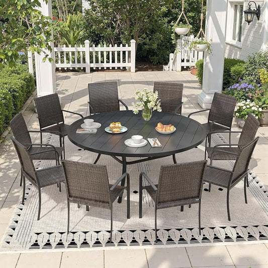 Outdoor Dining Set for 10, 63" Metal Round Outdoor Dining Table with Umbrella Hole and Wicker Stackable Patio Chairs, 11 Pieces Patio Table and Chairs Set for Garden Backyard, Black