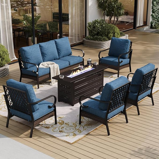 SUNSHINE VALLEY 6 Piece Black Metal Outdoor Patio Furniture Sets with Firepit Table, Patio Conversation Sets 1 3-Seater Sofa, 4 Single Sofa with 5.75" Extra Cushion Backyard Furniture for Deck, Blue-2