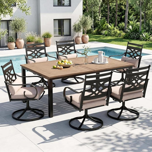 Sophia & William Patio Dining Set, Metal Top Wood Texture-64 | Steel, Umbrella Hole, Swivel Chairs, E-Coated, Cushions Included, For Patio, Garden and Yard