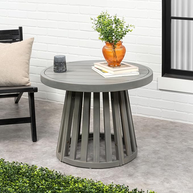 JONATHAN Y Solanya 28" Round Acacia Wood Outdoor Coffee Table with Slatted Tapered Base, Weather-Resistant Solid Wood Center Table for Patio, Garden, Deck, Gray Wash END7000B
