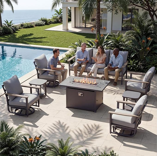 Aluminum Outdoor Patio Furniture Set with Swivel Rocking Chairs 7-Seat, Patio Sectional Sofa Patio Conversation Set with 55,000 BTU Fire Pit Table & High Backrest, Grey