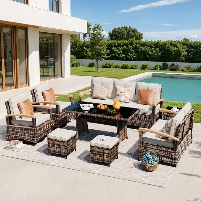 MEISSALIVVE 8 Pieces Patio Furniture Sets, PE Wicker Outdoor Conversation Sets with 2 Wood Armrests Swivel Rocker Chairs, 2 Ottomans, 2 Sofa and Dining Table (Beige)
