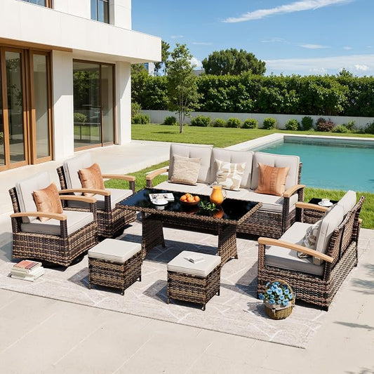 MEISSALIVVE 8 Pieces Patio Furniture Sets, PE Wicker Outdoor Conversation Sets with 2 Wood Armrests Swivel Rocker Chairs, 2 Ottomans, 2 Sofa and Dining Table (Beige)