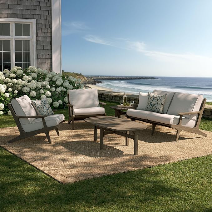 Modway Saratoga 5-Piece Teak Wood Outdoor Furniture Set in Weathered Gray Pebble - Patio Conversation Set with Loveseat, 2 Armchairs, Side Table and Coffee Table
