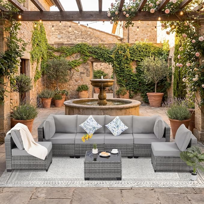 7 Pieces Outdoor Patio Furniture Set, All-Weather Sectional Sofa | Light Grey Wicker Conversation Set with Glass Table and Cushions | PE Rattan Weaving | Ideal for Patio, Pool, Balcony