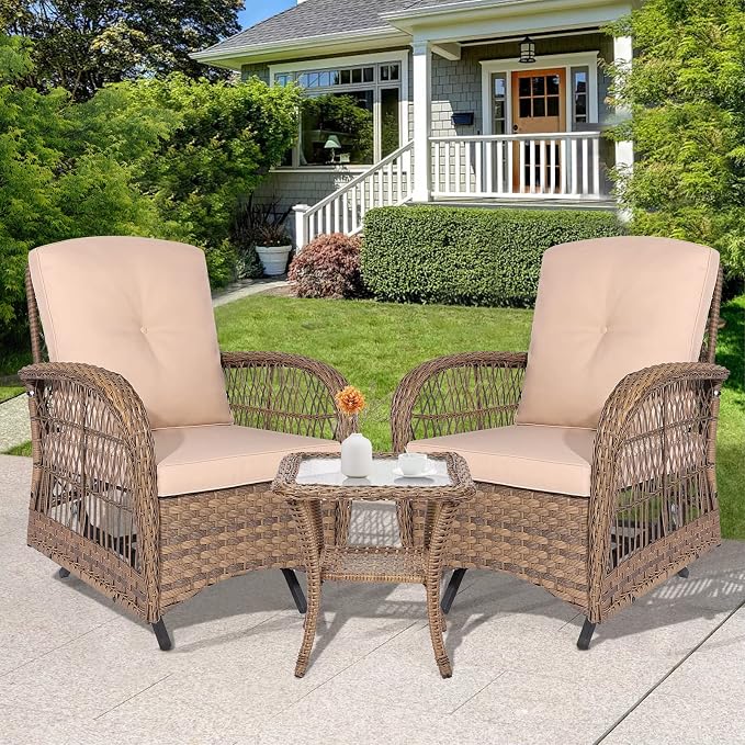 3-Piece Patio Wicker Conversation Bistro Set, All-Weather Gliding Rocking Chairs with Thickened Cushions and Glass Top Table, Outdoor Rattan Furniture Sets for Balcony Porch Garden
