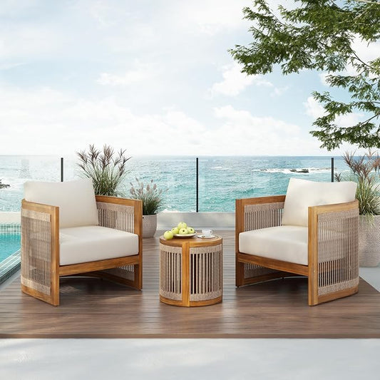 Christopher Knight Home Malphite 3 Pieces Conversation Set, Acacia Wood Chat Set, Round Coffee Table and Woven Rope Accent Chairs, Slat Design Patio Furniture Set for Backyard Garden, Beige + Teak