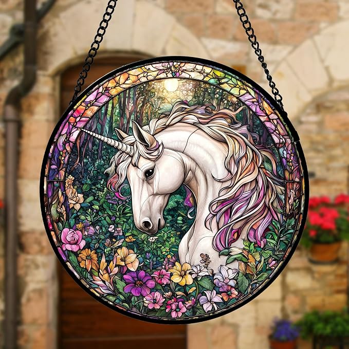 DASTOLL Stained Glass Window Hanging, Unicorn Flowers Suncatcher for Doors Home Sun Catchers Decoration and Christmas, Mother's Day Birthday Gifts for Women, Men, and Mom 9.8 in