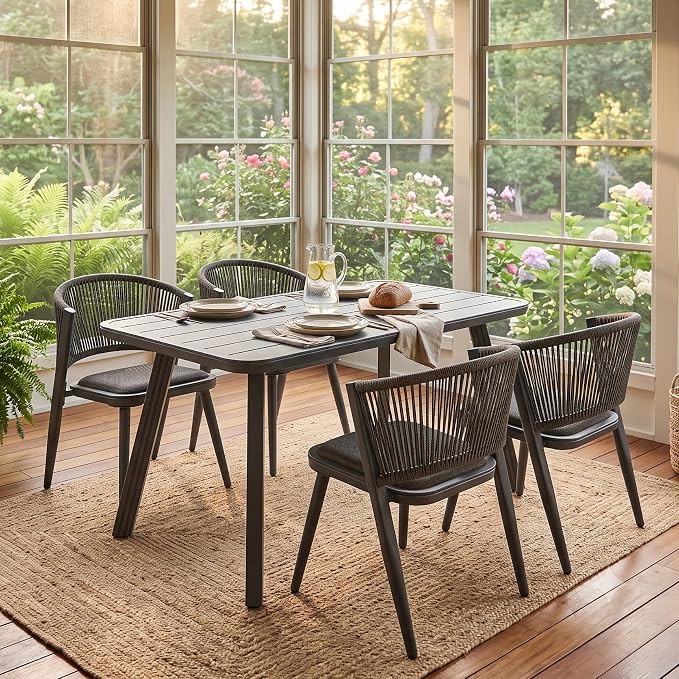 5-Pcs Aluminum Outdoor Dining Set, All-Weather Rattan Patio Furniture Set Include 51.2" Rectangular Table & 4 PE Wicker Chairs with Waterproof Cushions for Balcony Porch Garden or Backyard Deck (Grey)
