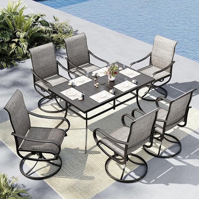 MFSTUDIO Outdoor Dining Set for 6, Patio Table and Chairs Set of 6 with Umbrella Hole, Patio Dining Set for Deck/Yard/Garden/Poolside
