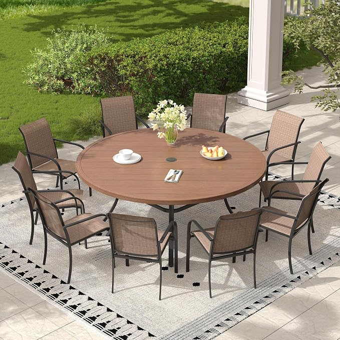 11 Pieces Outdoor Dining Set, Stackable Textilene Paito Chairs & 63" Round Dining Table with Umbrella Hole, Patio Dining Set for Backyard, Deck, Garden, Brown & Walnut