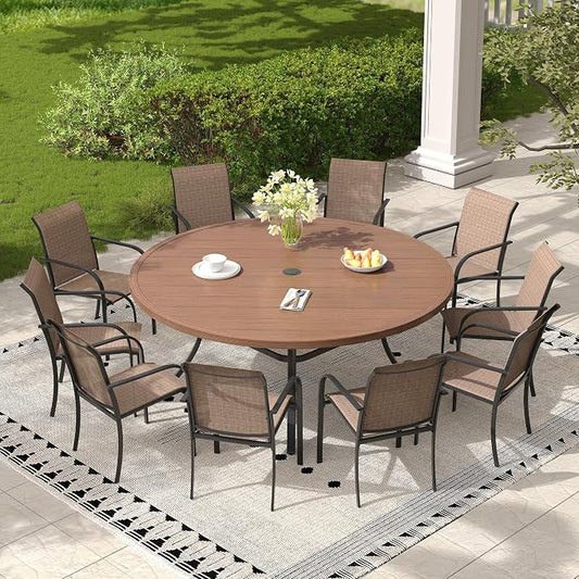 11 Pieces Outdoor Dining Set, Stackable Textilene Paito Chairs & 63" Round Dining Table with Umbrella Hole, Patio Dining Set for Backyard, Deck, Garden, Brown & Walnut