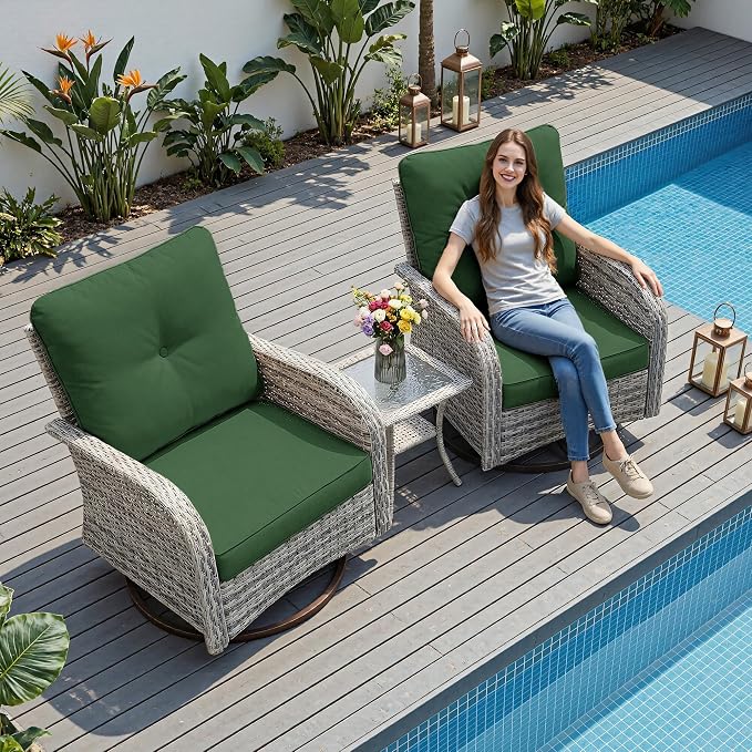 3-Piece Small Patio Furniture Set, Outdoor Swivel Rocking Chairs Set with Wicker Chairs and Tempered Glass Side Table, Outdoor Furniture Patio Bistro Set for Balcony, Deck, Porch