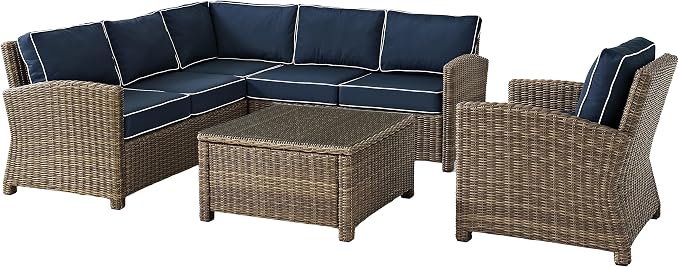 Crosley Furniture Bradenton 5-Piece Outdoor Sectional Sofa Wicker Conversation Patio Furniture Set for Deck, Brown with Navy Cushions