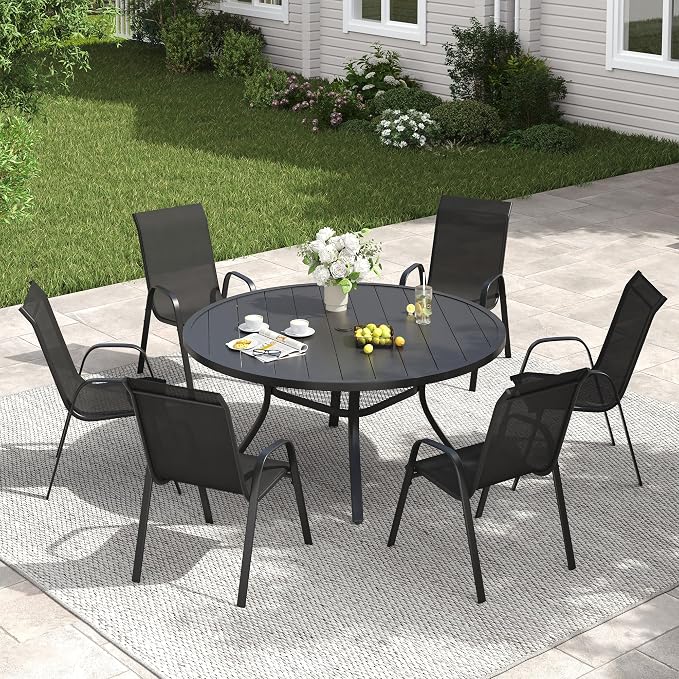 VICLLAX Patio Dining Set for 6, All Weather Metal 7 Pieces Patio Set-47.2" Round Outdoor Table and Stackable Chairs for Lawn Garden and Backyard, Black Tabletop
