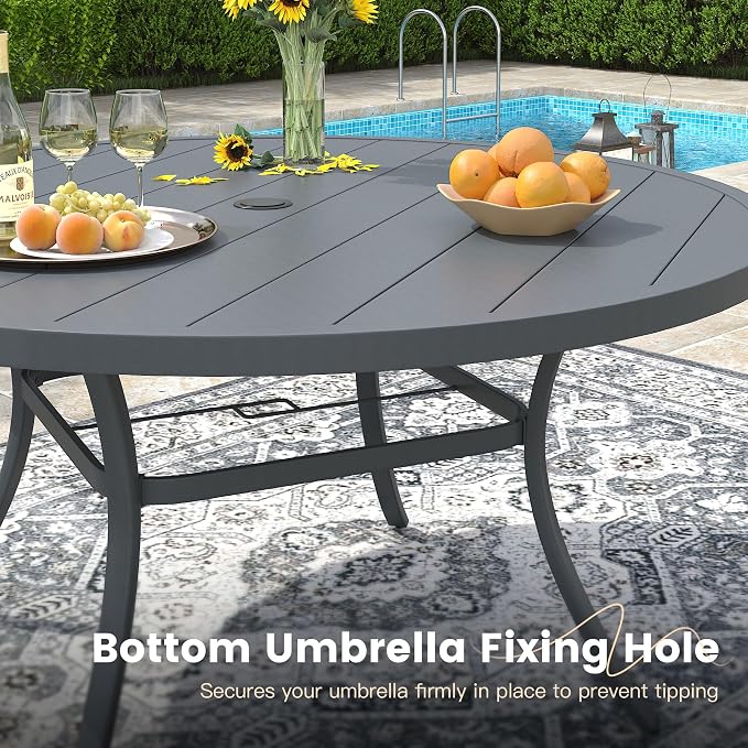 VICLLAX 63" Outdoor Patio Dining Table for 8-10, Metal Round Table with Umbrella Hole for Deck Lawn Garden Backyard, Dark Grey