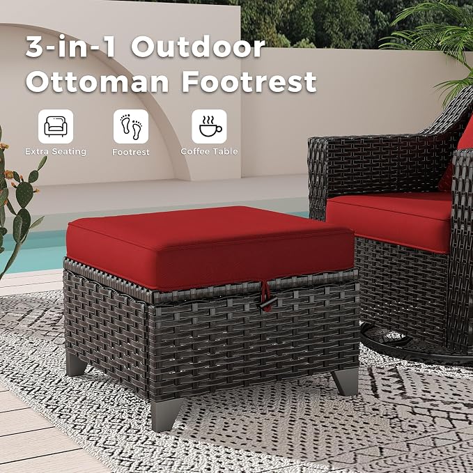 6 Pieces Patio Conversation Furniture Set - 2 Sofas, 2 Armchairs, 2 Ottomans, Outdoor Wicker Furniture with Removable Cushions for Porch, Balcony, Sunroom (Red)