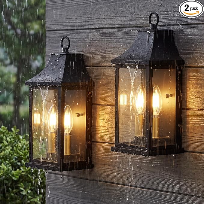 Patio Wall Light Fixtures, Black Waterproof Outdoor Wall Sconce 2pcs | Outdoor Wall Lights with Tempered Glass Shade, Outside Wall Lanterns for Patio, House, Garage, Front Door Entryway, H13.4"