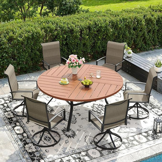 DIFY 7 Piece Outdoor Dining Set, Metal Patio Table and Chairs Set, 53.1" Walnut Round Dining Table & 6 Brown Padded Textilene Swivel Patio Chairs, Outdoor Furniture Set for Garden Backyard Porch
