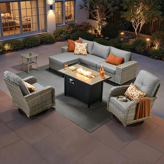 HOOOWOOO 8 Pieces Patio Furniture Set,L Shaped Outdoor Sectional Couch with Fire Pit Table, Pe Wicker All Weather Outside Conversation Sofa Swivel Chiars Solar Table Ottoman Set,Charcoal Gray